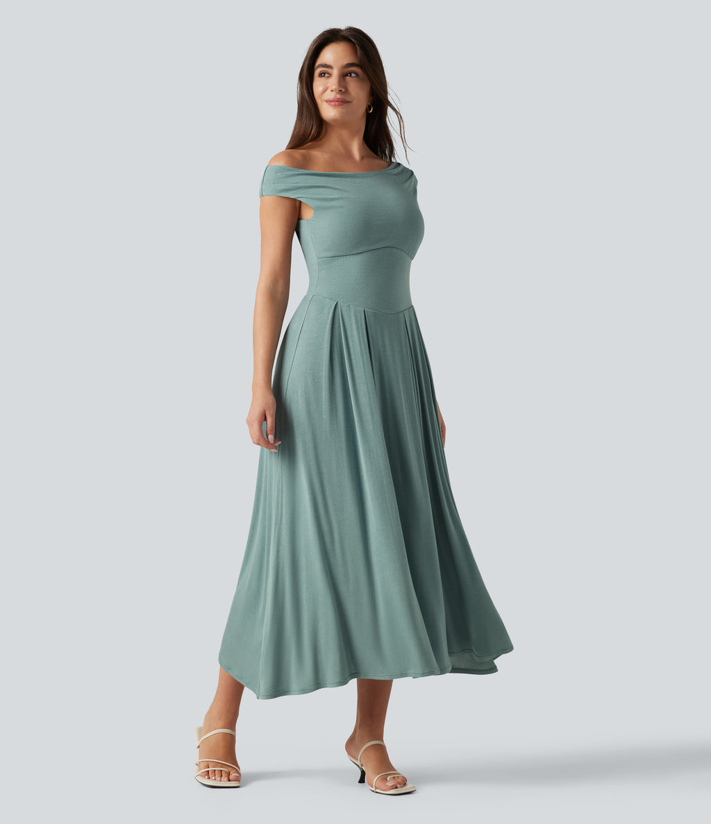 Ribbed Off Shoulder Tummy Control Midi Casual Flowy Dress — Clear Green — view 5