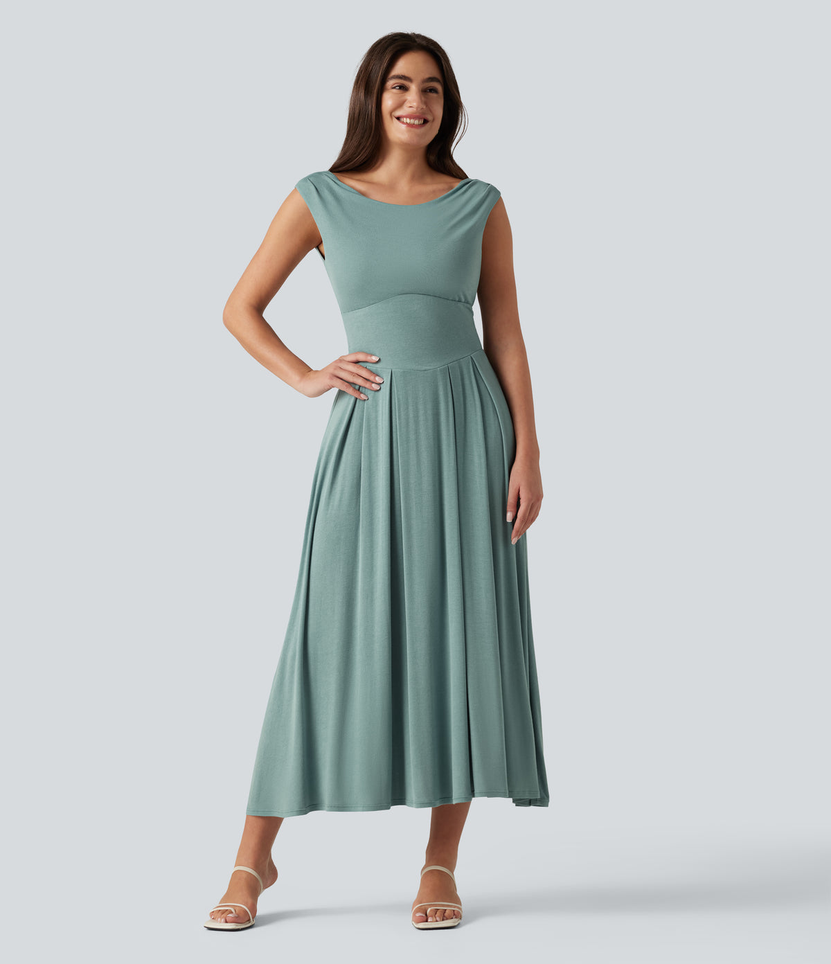 Ribbed Off Shoulder Tummy Control Midi Casual Flowy Dress — Clear Green — view 4