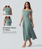 Ribbed Off Shoulder Tummy Control Midi Casual Flowy Dress — Clear Green — view 1