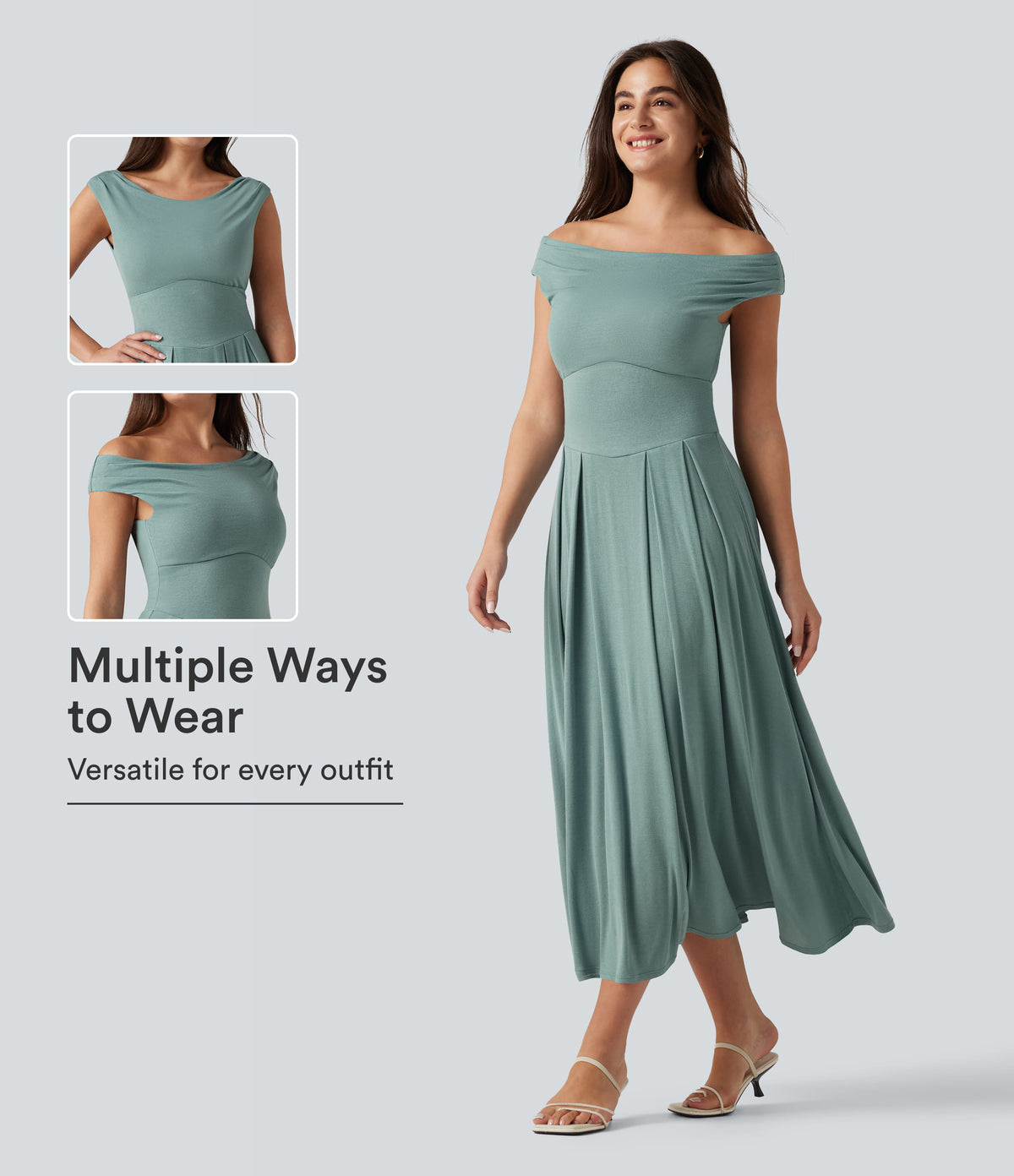 Ribbed Off Shoulder Tummy Control Midi Casual Flowy Dress — Clear Green — view 1