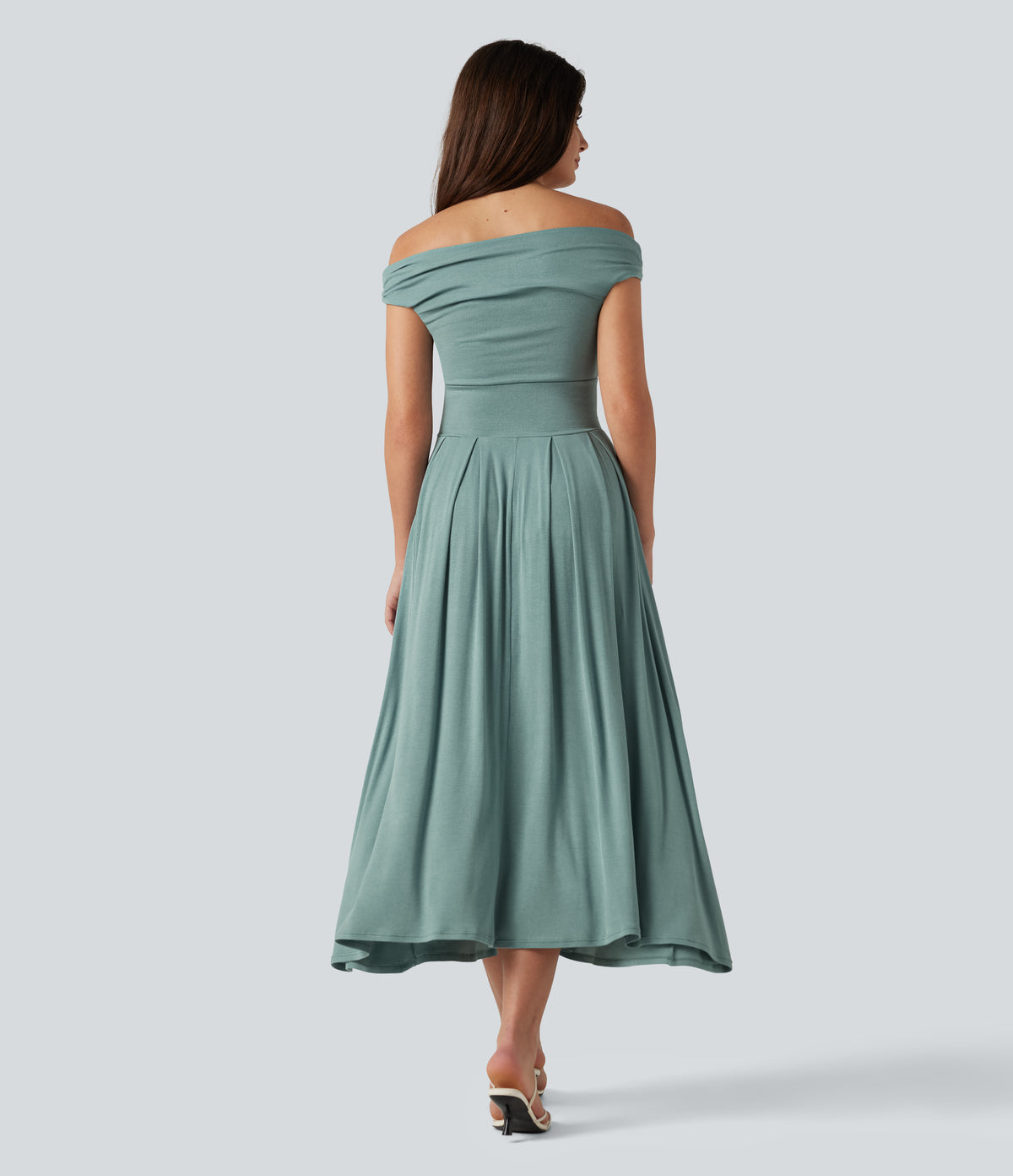 Ribbed Off Shoulder Tummy Control Midi Casual Flowy Dress — Clear Green — view 2