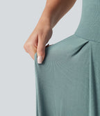 Ribbed Off Shoulder Tummy Control Midi Casual Flowy Dress — Clear Green — view 8