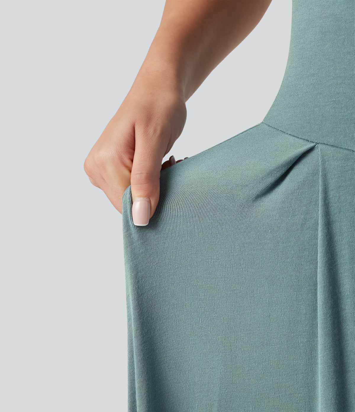 Ribbed Off Shoulder Tummy Control Midi Casual Flowy Dress — Clear Green — view 8