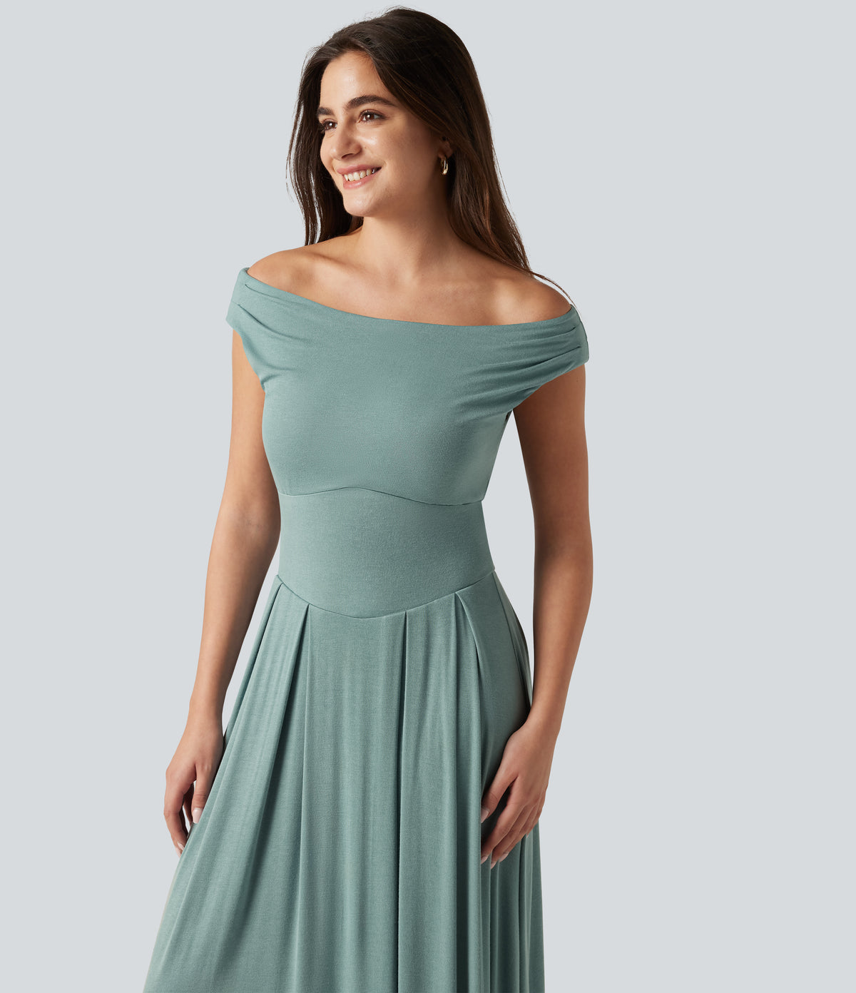 Ribbed Off Shoulder Tummy Control Midi Casual Flowy Dress — Clear Green — view 6