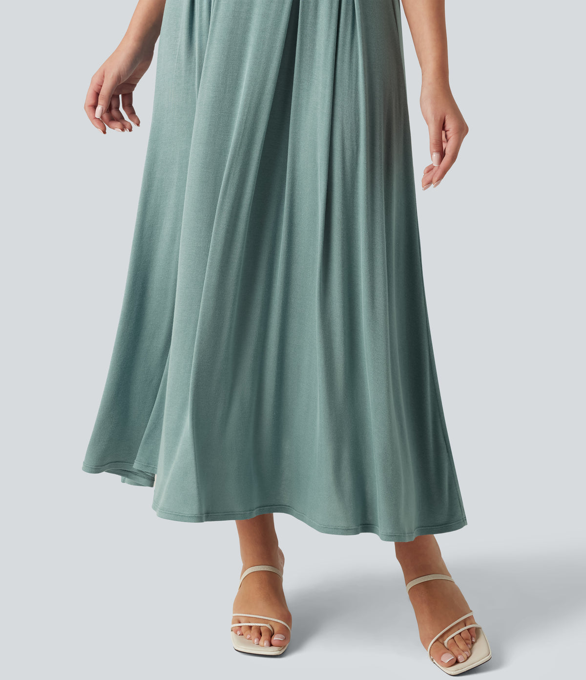Ribbed Off Shoulder Tummy Control Midi Casual Flowy Dress — Clear Green — view 7