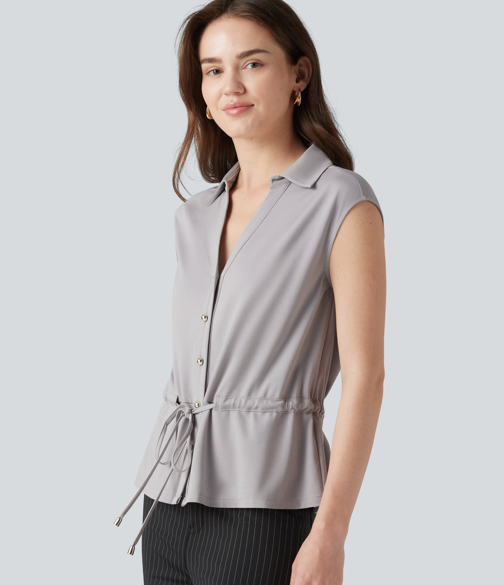V-neck Sleeveless Button Fly Drawstring Work Shirt — Sandalwood Grey — view 1