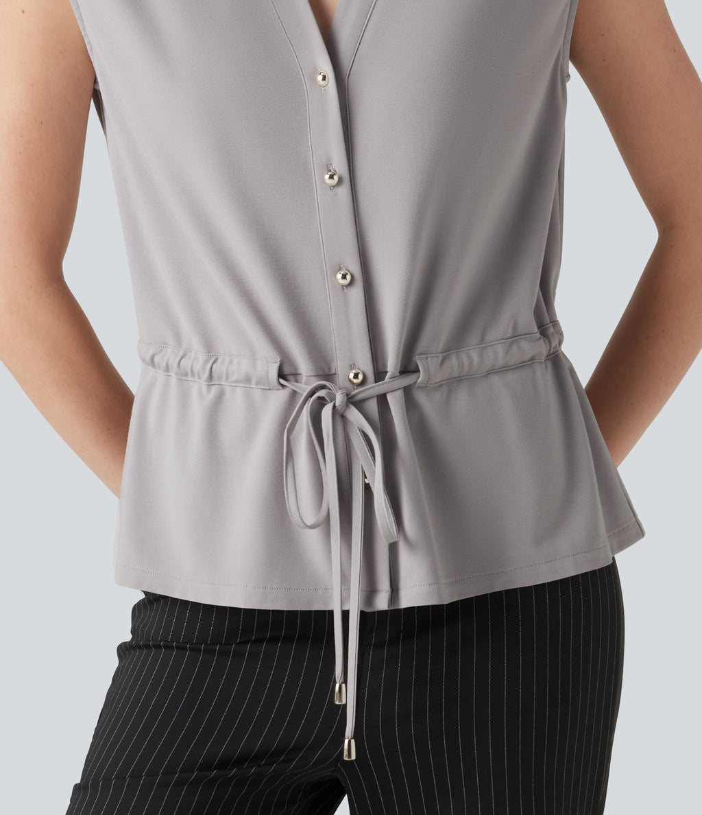 V-neck Sleeveless Button Fly Drawstring Work Shirt — Sandalwood Grey — view 6