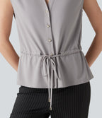 V-neck Sleeveless Button Fly Drawstring Work Shirt — Sandalwood Grey — view 6