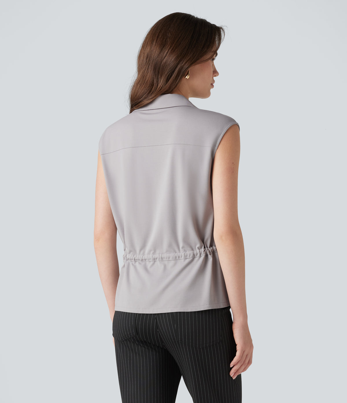 V-neck Sleeveless Button Fly Drawstring Work Shirt — Sandalwood Grey — view 2
