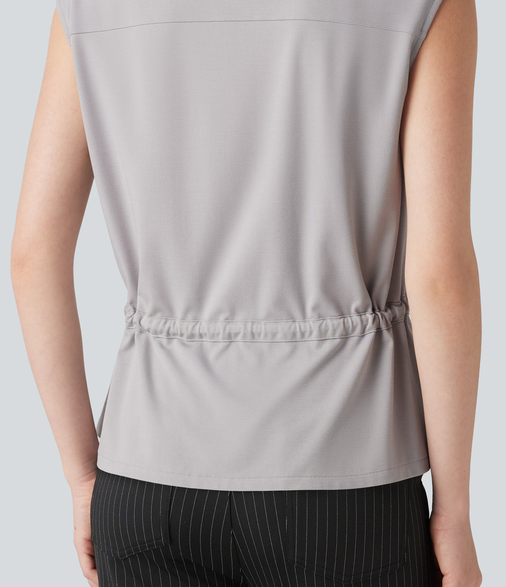 V-neck Sleeveless Button Fly Drawstring Work Shirt — Sandalwood Grey — view 7