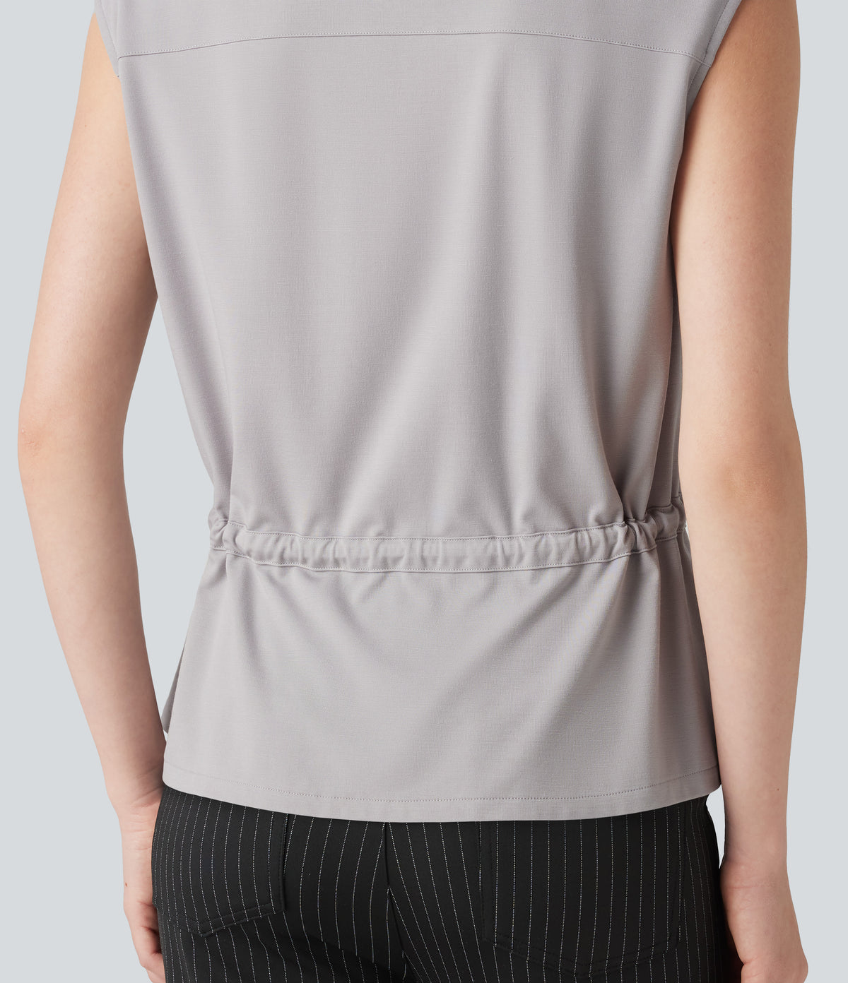 V-neck Sleeveless Button Fly Drawstring Work Shirt — Sandalwood Grey — view 7