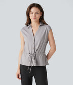 V-neck Sleeveless Button Fly Drawstring Work Shirt — Sandalwood Grey — view 3