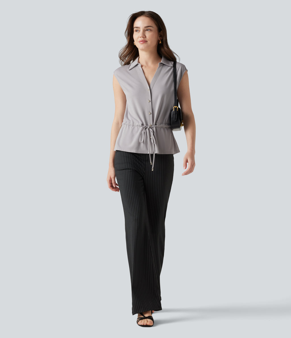 V-neck Sleeveless Button Fly Drawstring Work Shirt — Sandalwood Grey — view 8