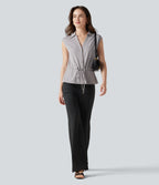 V-neck Sleeveless Button Fly Drawstring Work Shirt — Sandalwood Grey — view 8