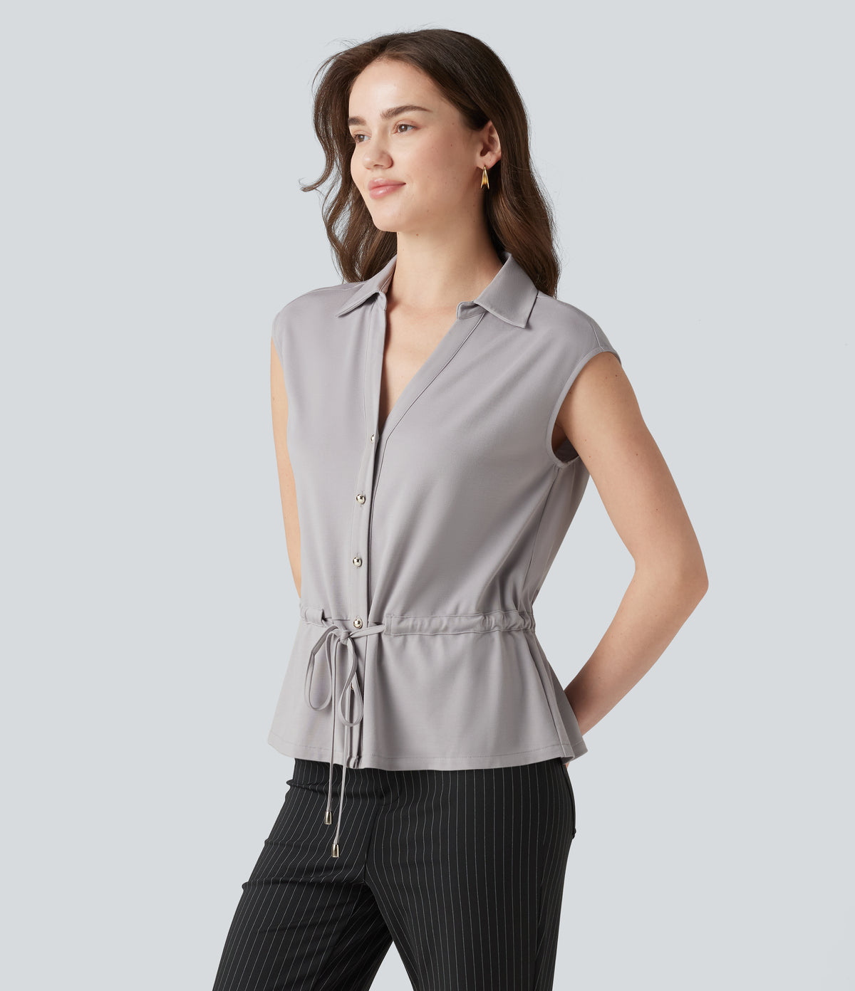 V-neck Sleeveless Button Fly Drawstring Work Shirt — Sandalwood Grey — view 4