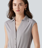V-neck Sleeveless Button Fly Drawstring Work Shirt — Sandalwood Grey — view 5