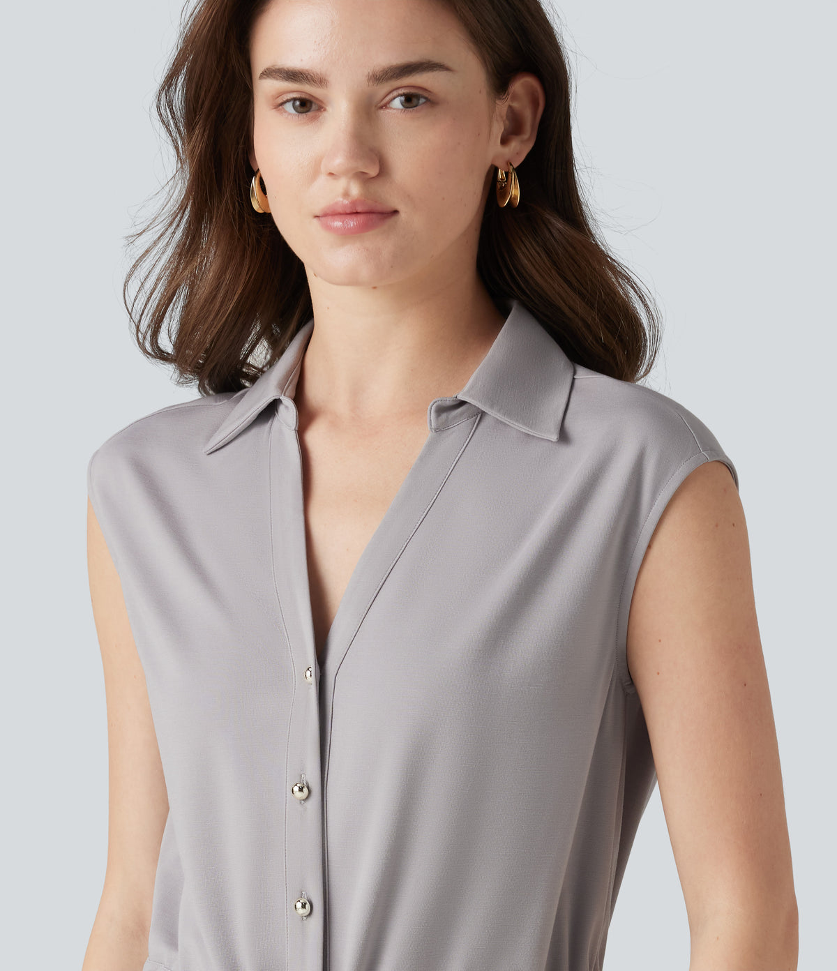 V-neck Sleeveless Button Fly Drawstring Work Shirt — Sandalwood Grey — view 5