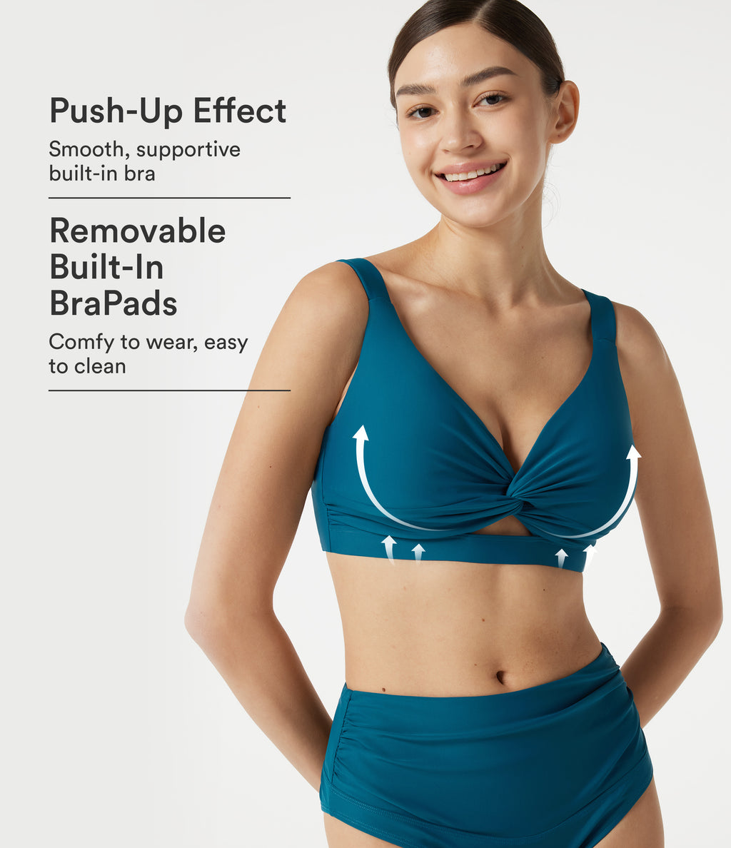 Deep V Neck Built-in Bra Push-Up Bikini Top Swimsuit — Lyons Blue — view 1