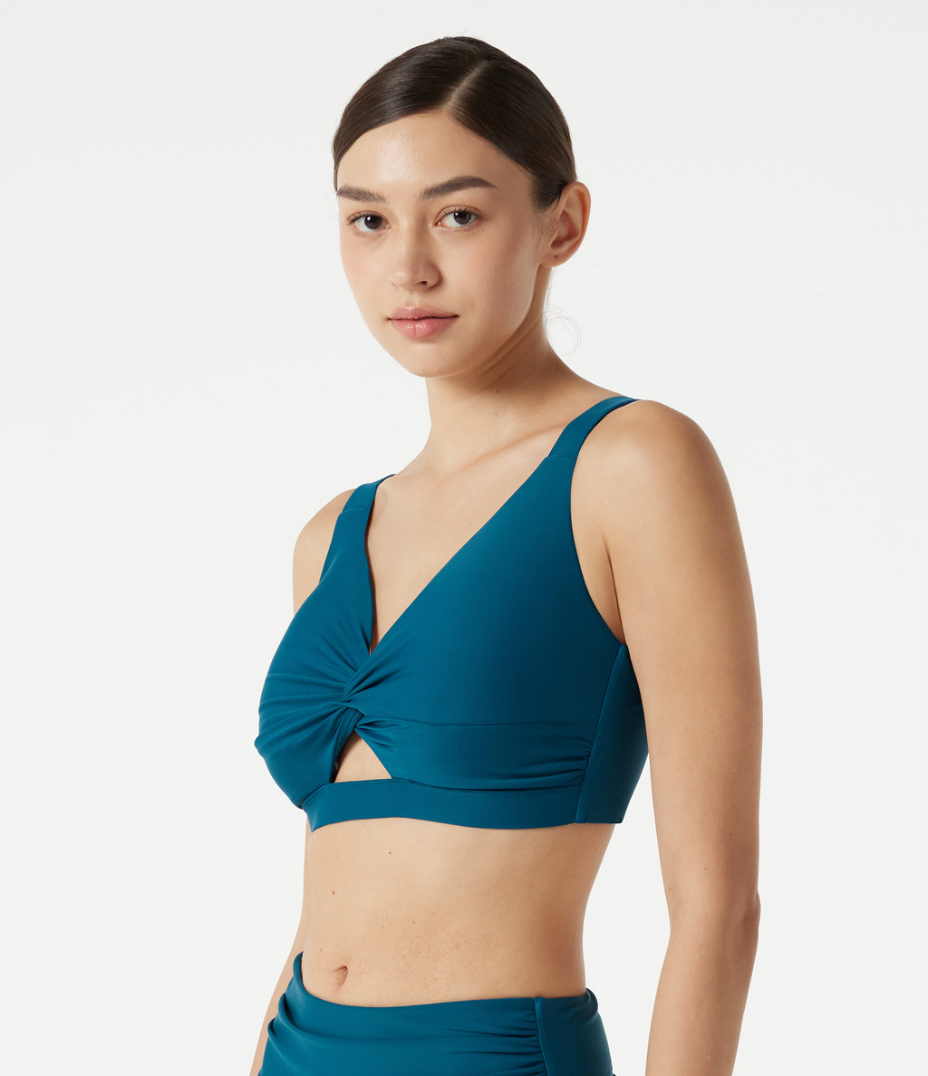 Deep V Neck Built-in Bra Push-Up Bikini Top Swimsuit — Lyons Blue — view 4