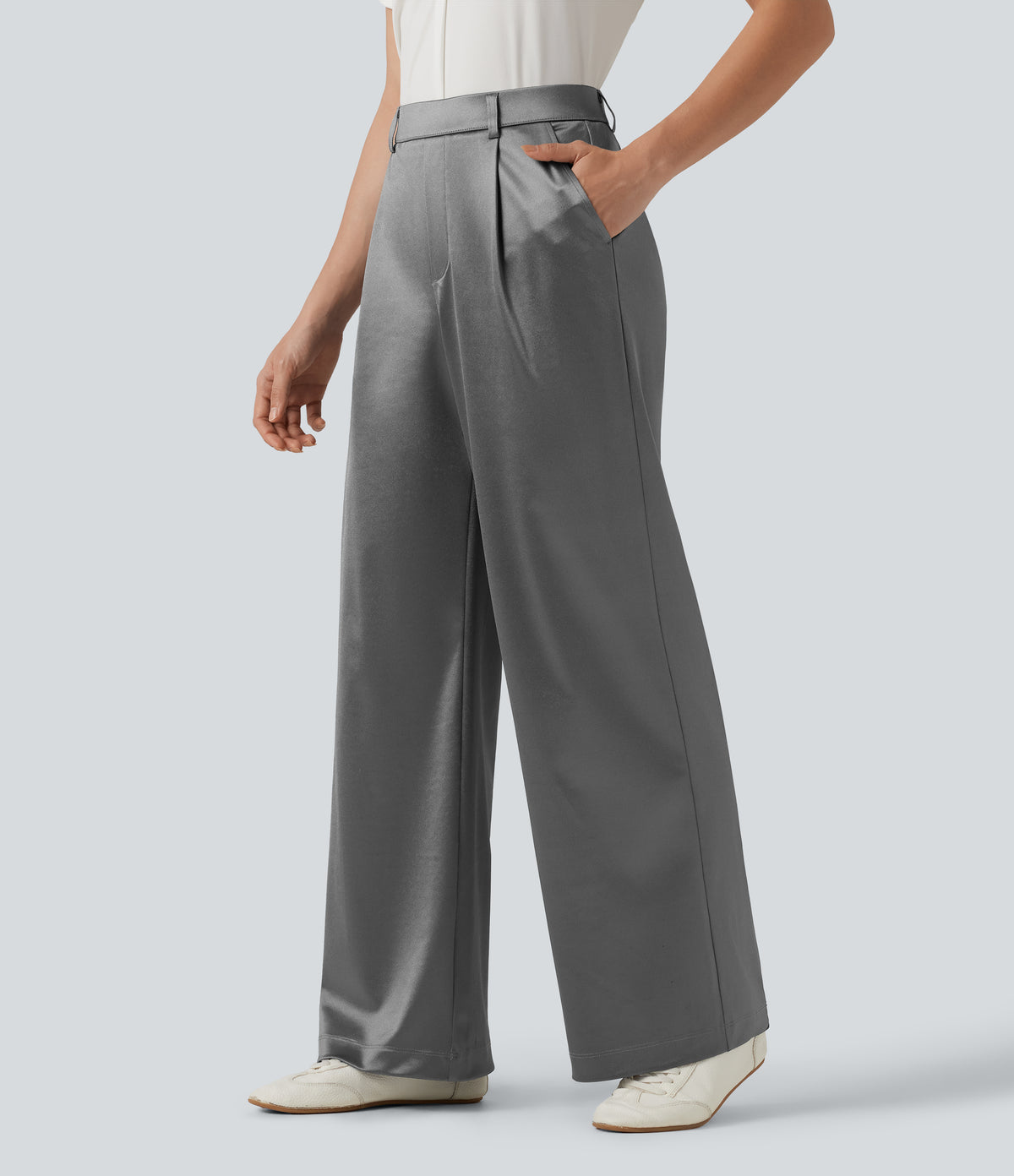 High Waisted Straight Leg Satin Work Trousers with Pockets — Steel Gray — view 3