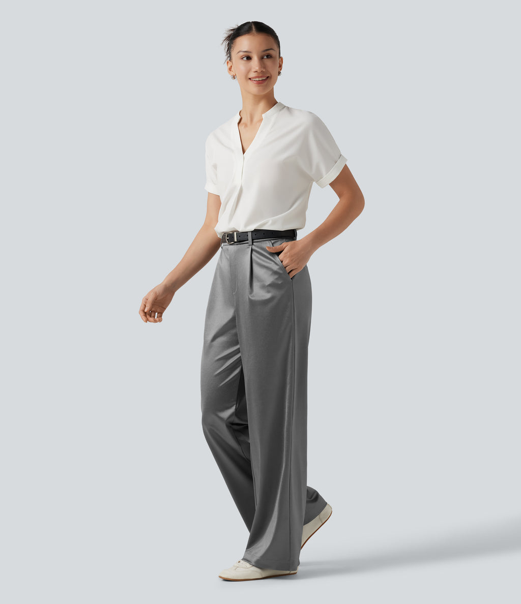 High Waisted Straight Leg Satin Work Trousers with Pockets — Steel Gray — view 6