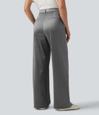 High Waisted Straight Leg Satin Work Trousers with Pockets — Steel Gray — view 2
