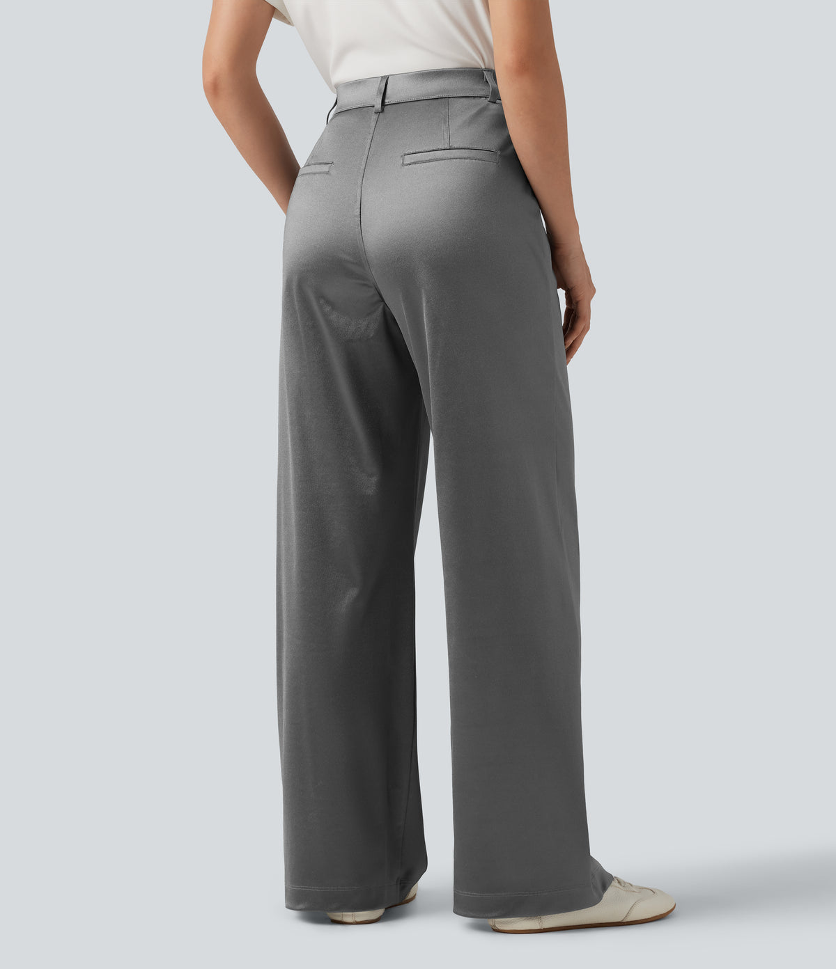 High Waisted Straight Leg Satin Work Trousers with Pockets — Steel Gray — view 2
