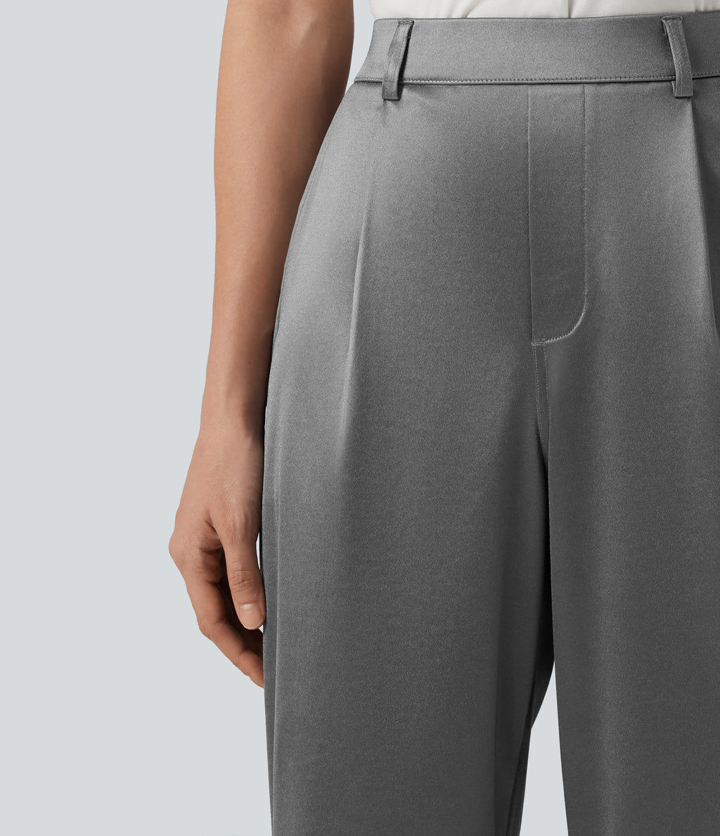 High Waisted Straight Leg Satin Work Trousers with Pockets — Steel Gray — view 4