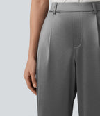 High Waisted Straight Leg Satin Work Trousers with Pockets — Steel Gray — view 4