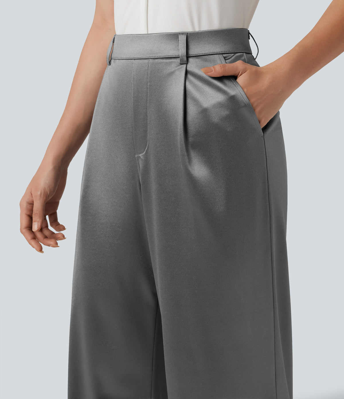 High Waisted Straight Leg Satin Work Trousers with Pockets — Steel Gray — view 5