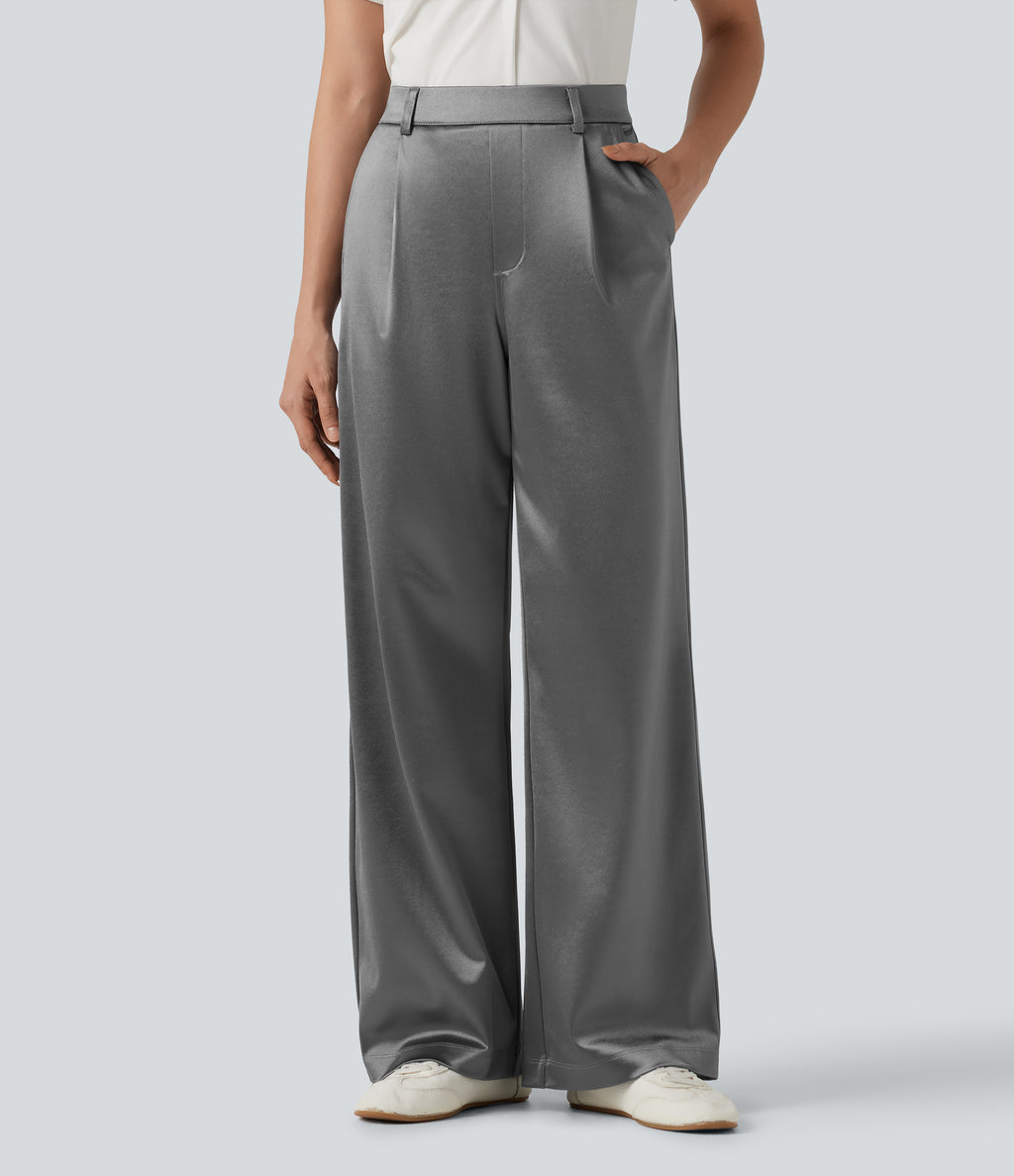 High Waisted Straight Leg Satin Work Trousers with Pockets — Steel Gray — view 1