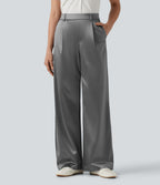 High Waisted Straight Leg Satin Work Trousers with Pockets — Steel Gray — view 1