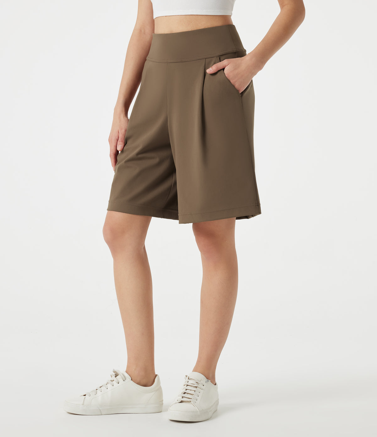 High Waisted Work Baggy Shorts 9'' with Pockets — Sepia — view 3