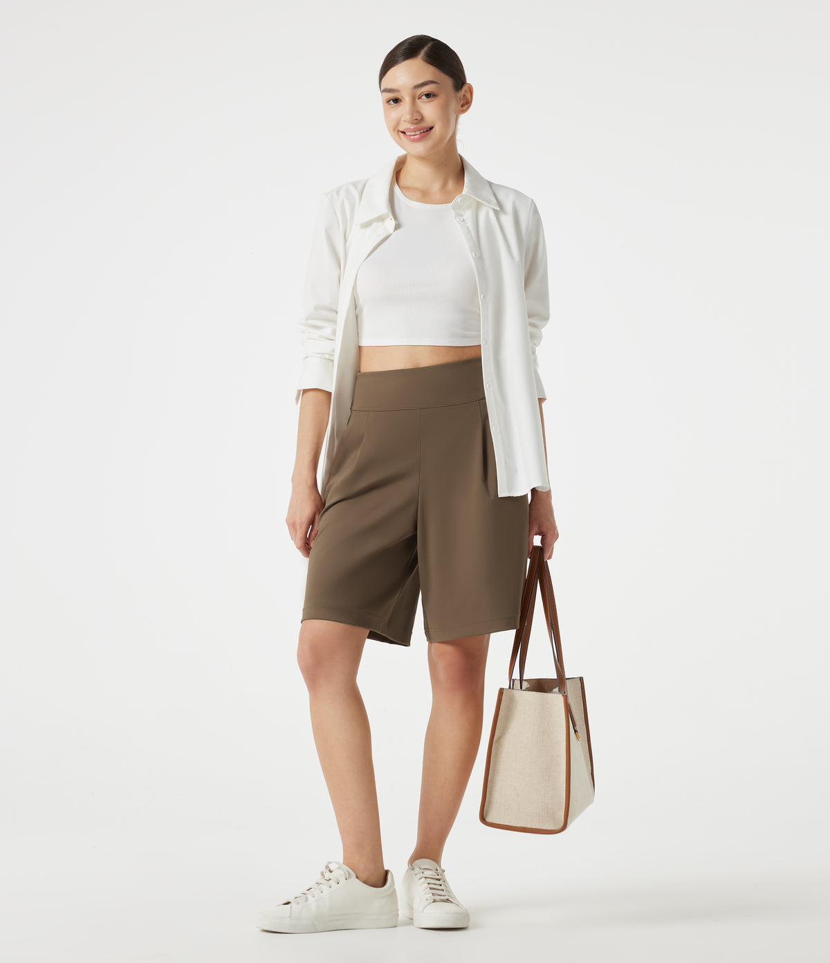 High Waisted Work Baggy Shorts 9'' with Pockets — Sepia — view 7