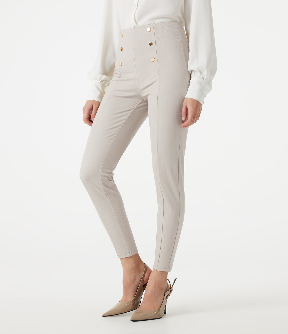 High Waisted Herringbone Work Trousers with Pockets — Earthy Brown — view 3