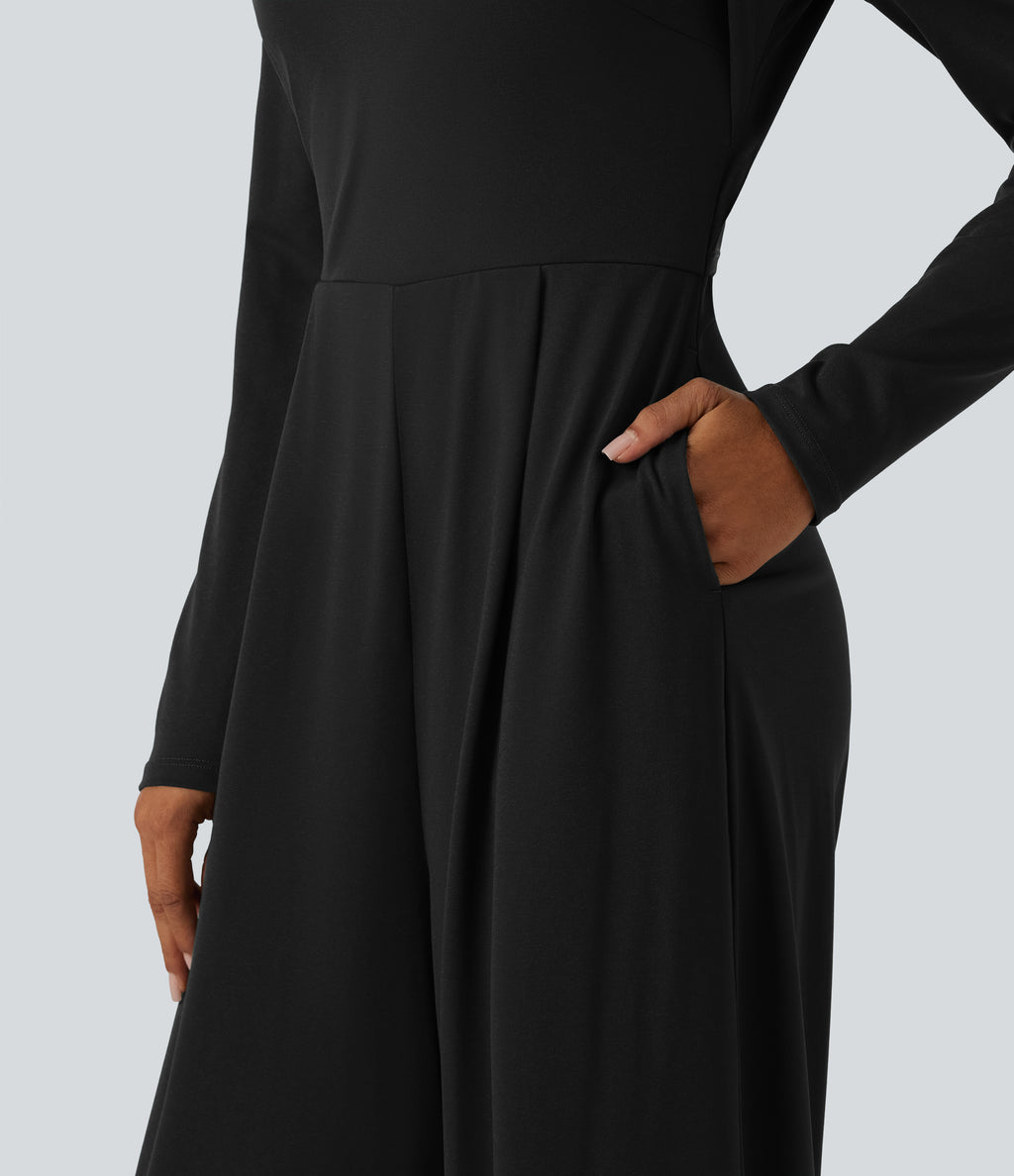 Long Sleeve Built-in Bra Wide Leg Jumpsuit with Pockets-Edition DD-F Cups — Black — view 6