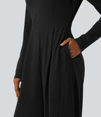 Long Sleeve Built-in Bra Wide Leg Jumpsuit with Pockets-Edition DD-F Cups — Black — view 6