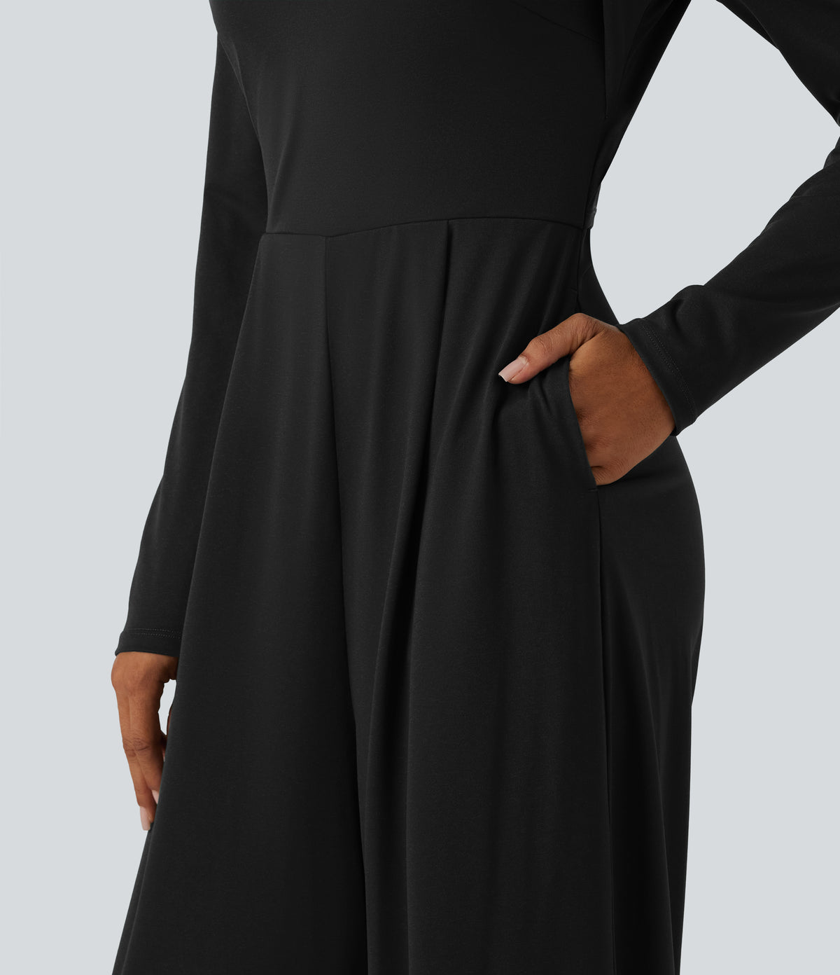 Long Sleeve Built-in Bra Wide Leg Jumpsuit with Pockets-Edition DD-F Cups — Black — view 6