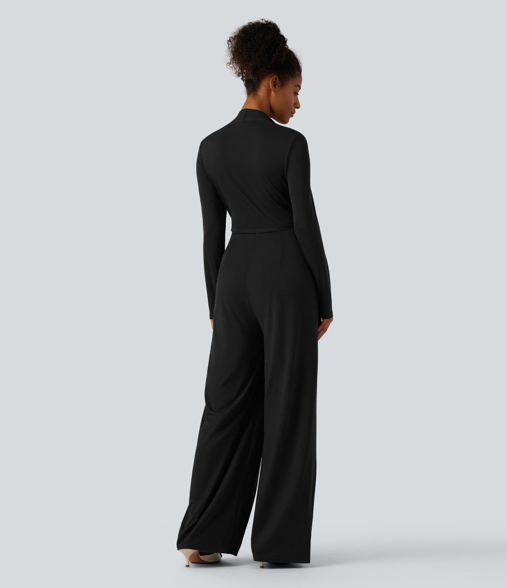 Long Sleeve Built-in Bra Wide Leg Jumpsuit with Pockets-Edition DD-F Cups — Black — view 2