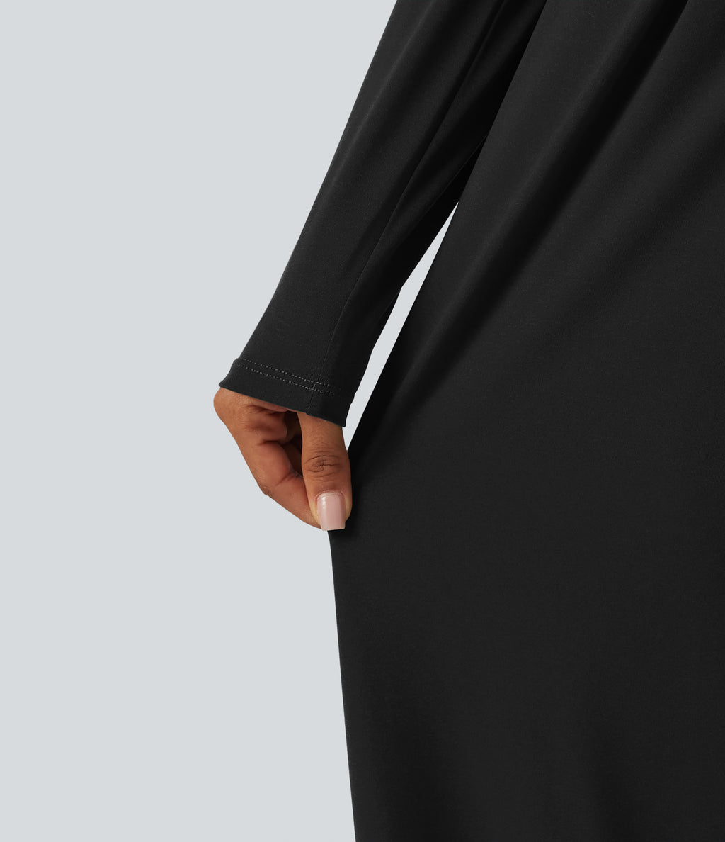 Long Sleeve Built-in Bra Wide Leg Jumpsuit with Pockets-Edition DD-F Cups — Black — view 7