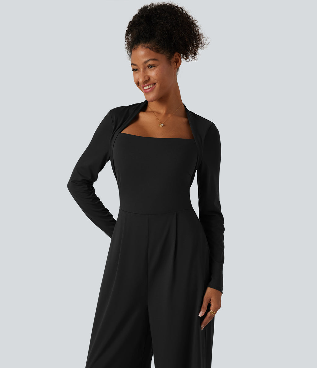 Long Sleeve Built-in Bra Wide Leg Jumpsuit with Pockets-Edition DD-F Cups — Black — view 4