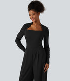 Long Sleeve Built-in Bra Wide Leg Jumpsuit with Pockets-Edition DD-F Cups — Black — view 4