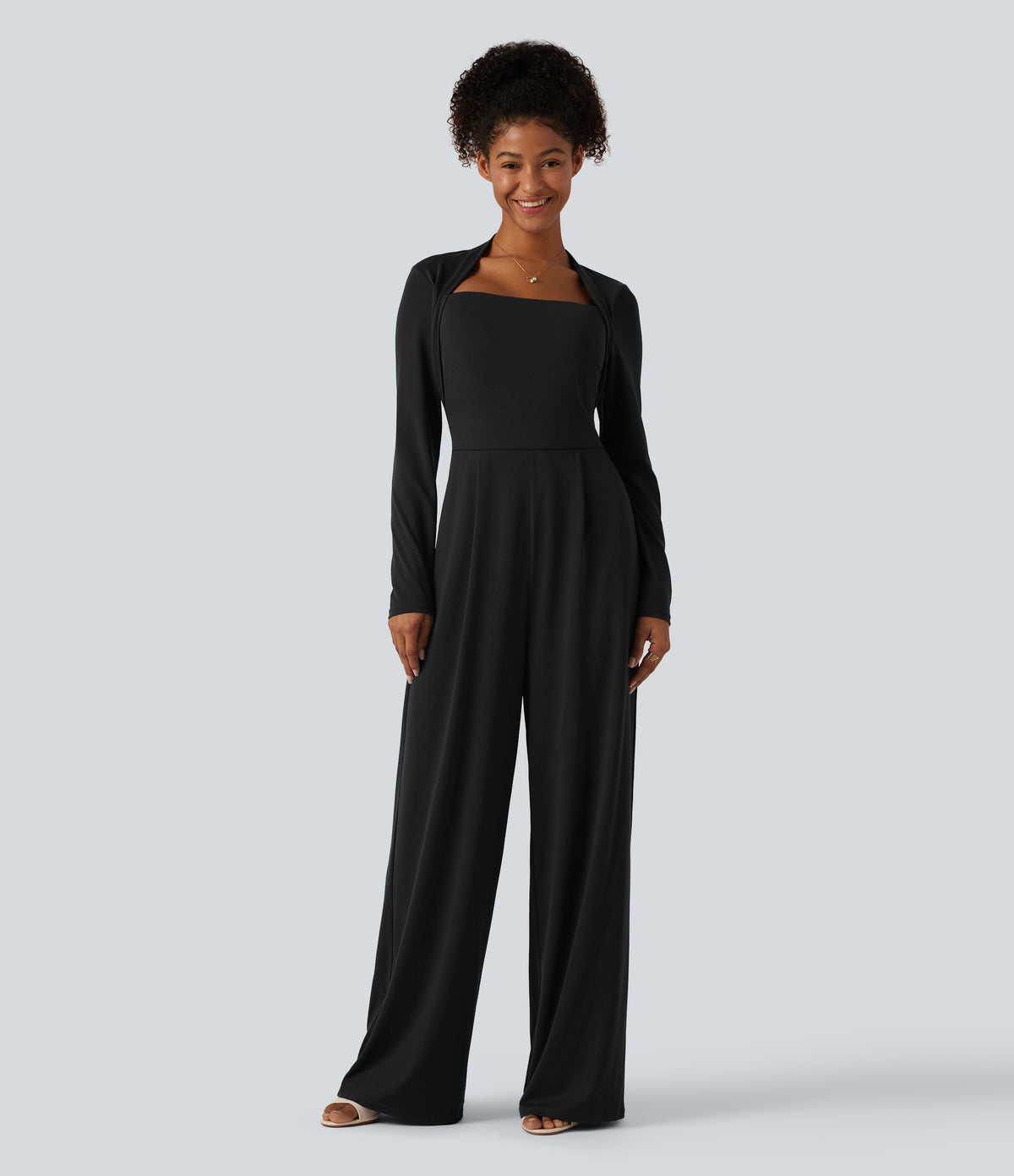 Long Sleeve Built-in Bra Wide Leg Jumpsuit with Pockets-Edition DD-F Cups — Black — view 3