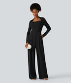Long Sleeve Built-in Bra Wide Leg Jumpsuit with Pockets-Edition DD-F Cups — Black — view 8