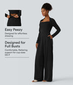 Long Sleeve Built-in Bra Wide Leg Jumpsuit with Pockets-Edition DD-F Cups — Black — view 1