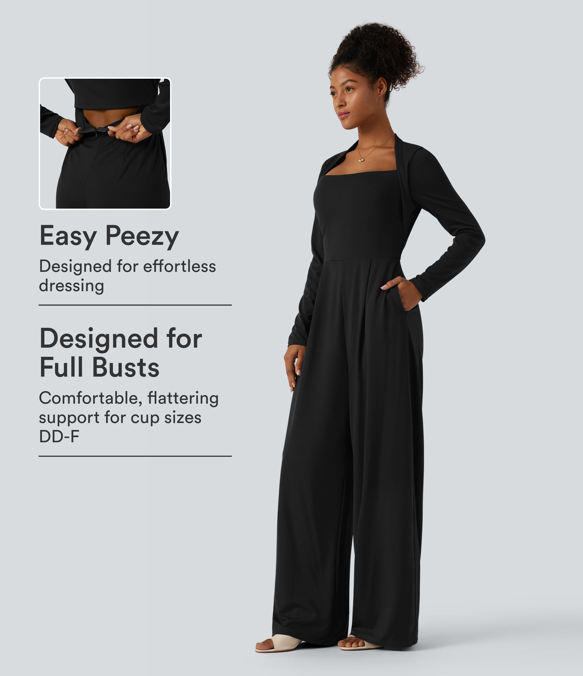 Long Sleeve Built-in Bra Wide Leg Jumpsuit with Pockets-Edition DD-F Cups — Black — view 1