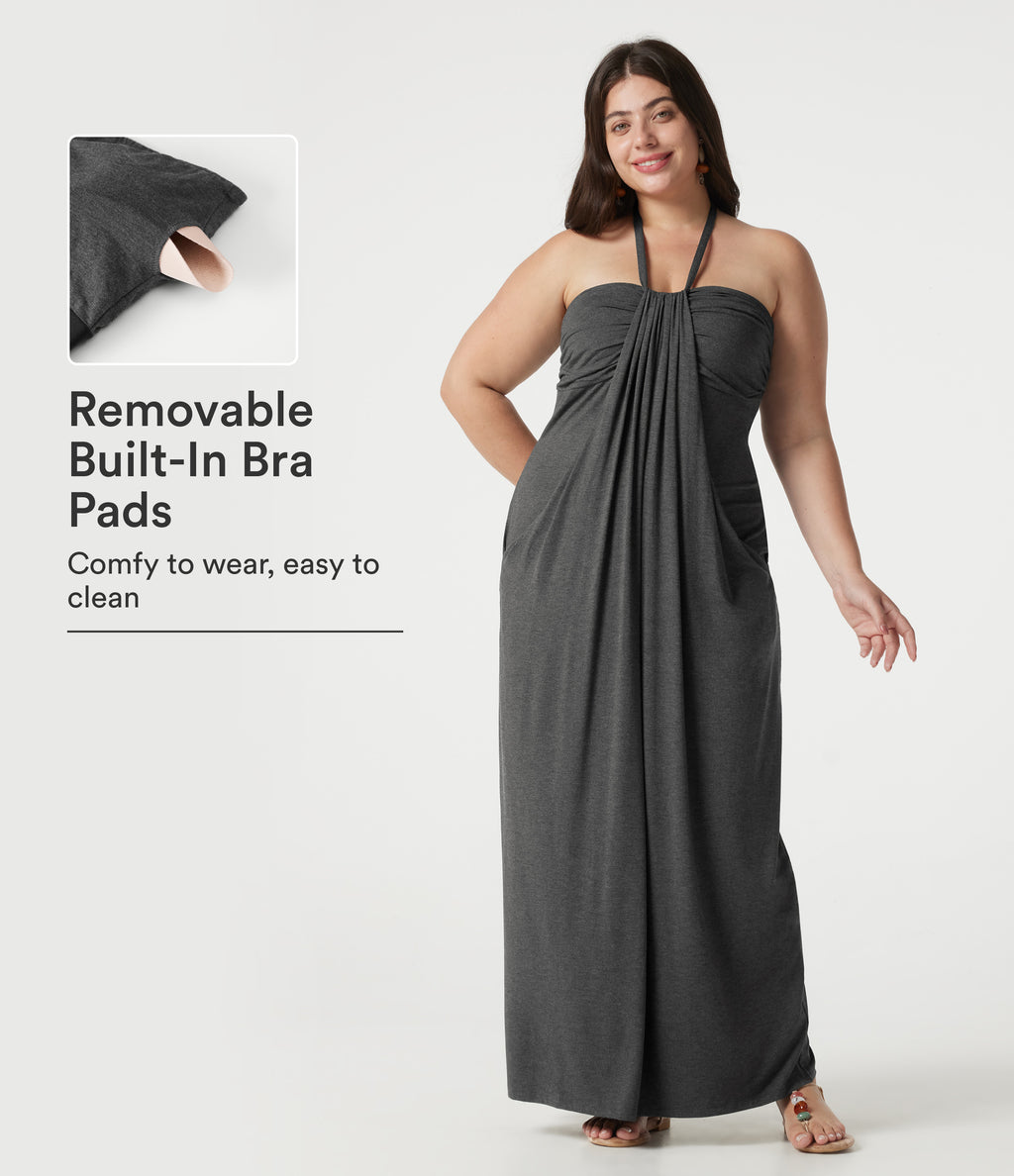 Plus Size Halter Tie Back Built-in Bra Maxi Dress with Pockets — Darl Gray Floral Yarn — view 1
