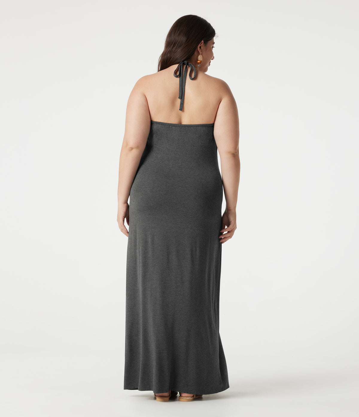 Plus Size Halter Tie Back Built-in Bra Maxi Dress with Pockets — Darl Gray Floral Yarn — view 2