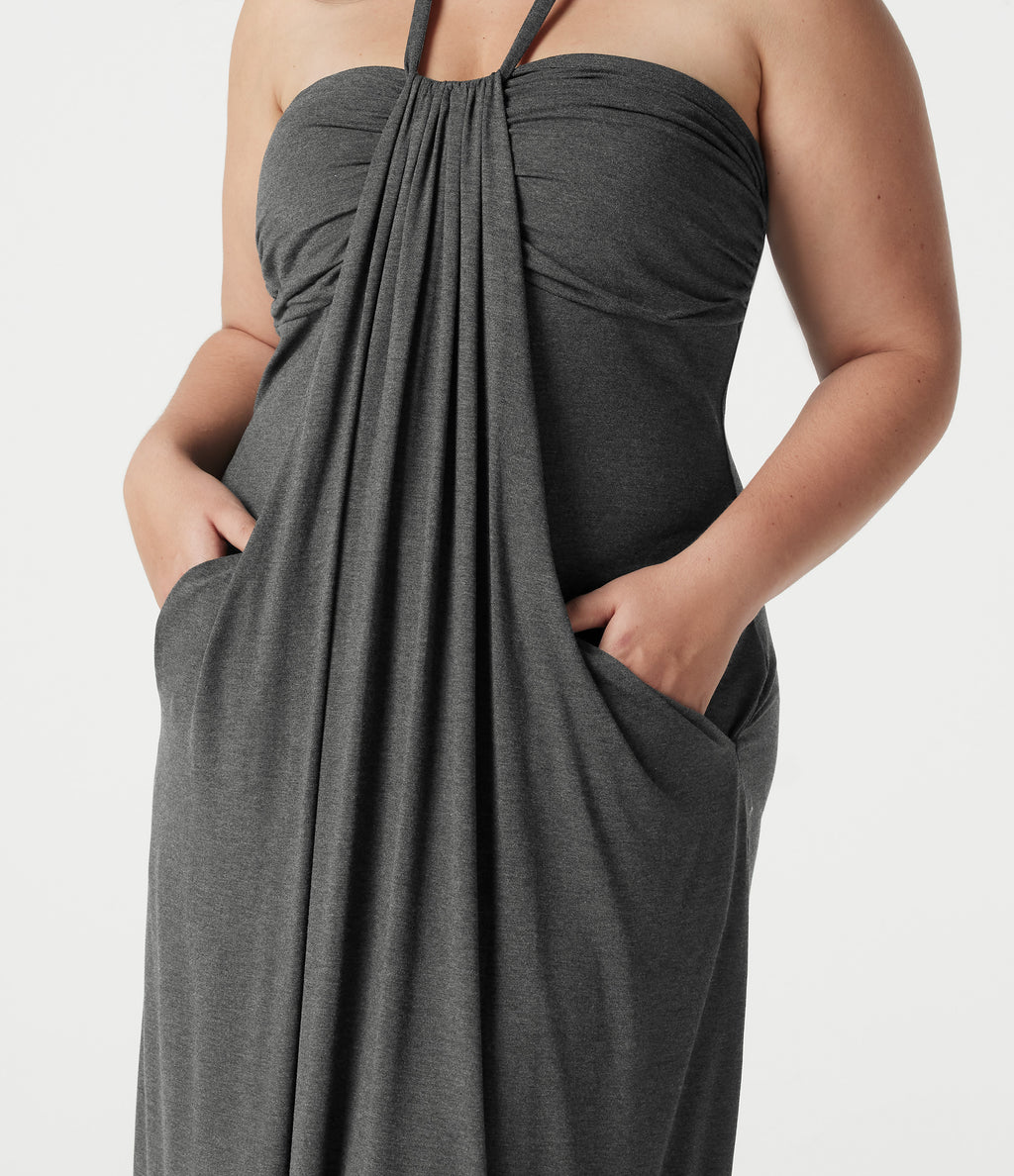 Plus Size Halter Tie Back Built-in Bra Maxi Dress with Pockets — Darl Gray Floral Yarn — view 6