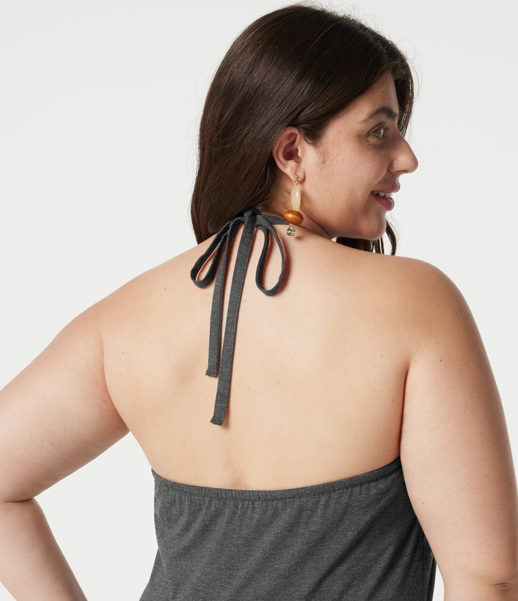 Plus Size Halter Tie Back Built-in Bra Maxi Dress with Pockets — Darl Gray Floral Yarn — view 5